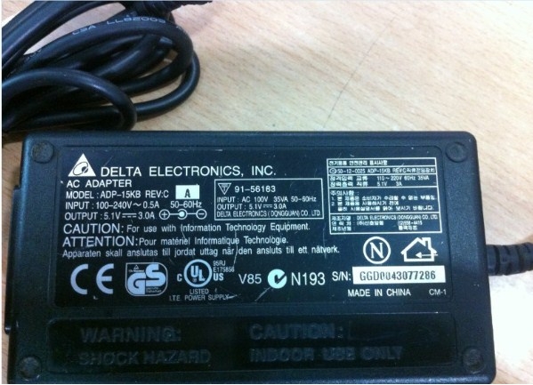 Adapter 5.1V 3A 15W DELTA Electronics WLAN Power Supply ADP-15KB  Connector Size 5.5mm x 2.5mm