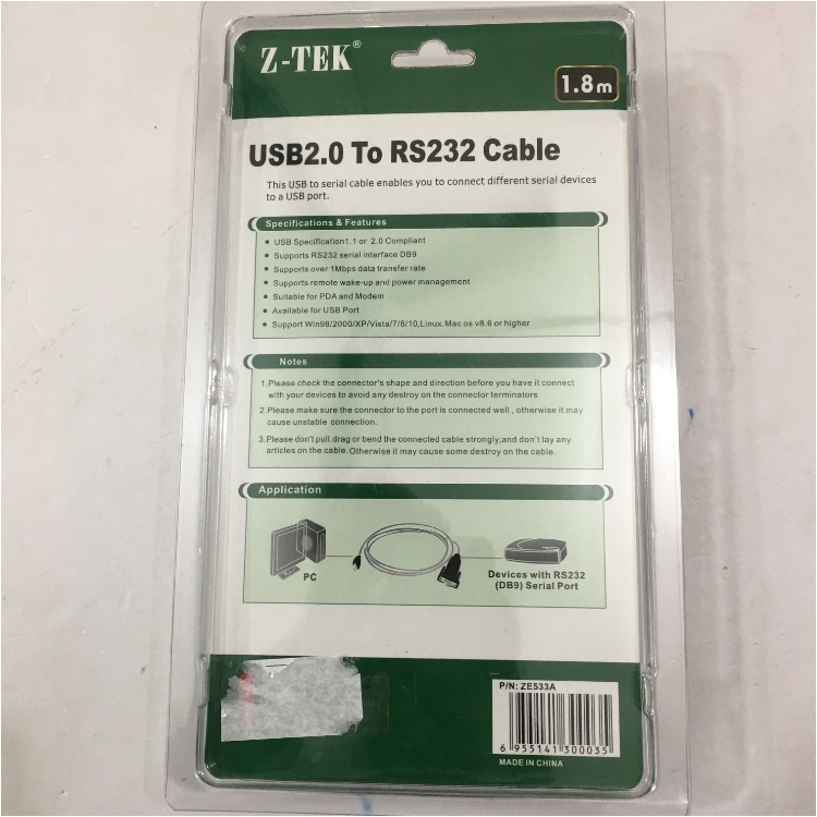 Bộ Cáp Chuyển Đổi USB 2.0 to Serial RS232C Z-TEK Và Cáp RS232C 6232-9F9F-03CR Null Modem With Full Handshaking DB9 Female to DB9 Female Cable PVC Black