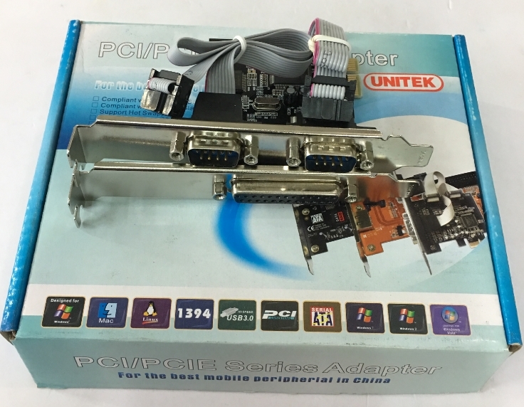 Card PCI Express Unitek Y-7508 2 Port RS232 Serial Com DB9 + 1 Port LPT Parallel 1284 Chính Hãng Chipset ID Moschip MCS9901CV-CC For Computer Desktop Thiết Bị Y Tế Cân Điện Tử Máy Công Nghiệp CNC PLC