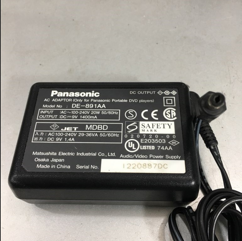 Adapter 9V 1A Panasonic DE-891AA For Panasonic DVD Player DVD-LV50 DVD-LV50PP DVD-LV50D DVD-LV65 DVD-LV65PPS DVD-LV65SDPP Connector Size 4.8mm x 1.7mm