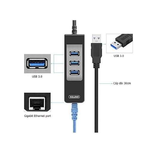 Bộ Chia Cổng Unitek Y-3045 USB 3.0 Hub 3 Ports with 10/100/1000 Mbps Ethernet Network Adapter for Windows Vista Mac Linux