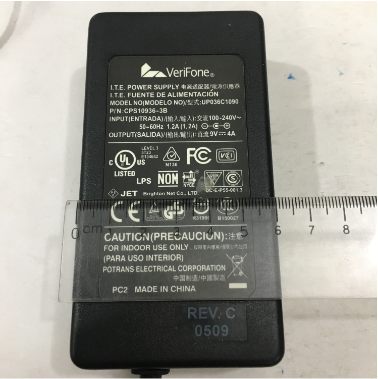 Bộ Chuyển Đổi Nguồn Adapter Original 9V 4A 36W VeriFone UP036C1090 Connector Size 3.5mm x 1.35mm 90 Degree