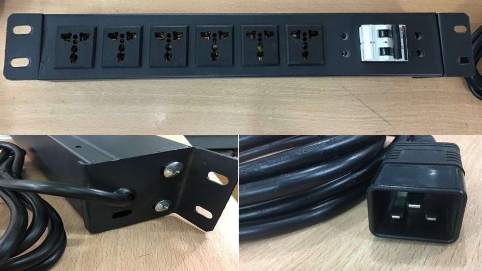 Thanh Phân Phối Nguồn Điện PDU 1U Rack Universal 6 Way UK Outlet Có MCB Công Suất Max 20A to C20 Plug Power Cord 3x1.5mm² Length 2.5M