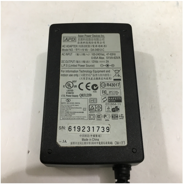 Bộ Chuyển Đổi Nguồn Adapter Original 12V 2A 24W APD DA-24B12-C Connector Size 6.5mm x 4.4mm