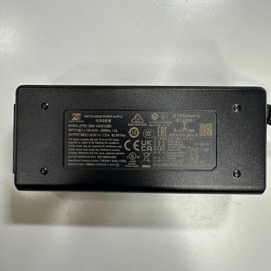 Adapter 53V 1.22A 65W Mass Power S065-1A530122B3 Connector Tip Size 6.5mm x 4.4mm