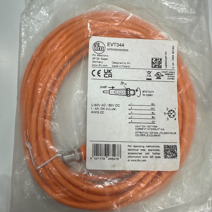 Cáp 5M 17ft IFM ELECTRONIC EVT344 Cable Connector M12 A-Code 5 Pin Male to 5 Core Open End 5x0.34mm² Orange OD 5.2mm For Sensor I/O Industrial Power Cable