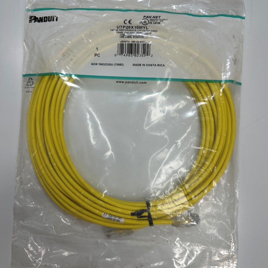 Cáp Mạng 10M 33ft Panduit Patch Cord CAT6A UTP Performance CM/LSZH 28X10MYL Small Diameter OD 4.8mm 4 Pair 28AWG Yellow For Industrial Ethernet Network LAN 10 Gigabit