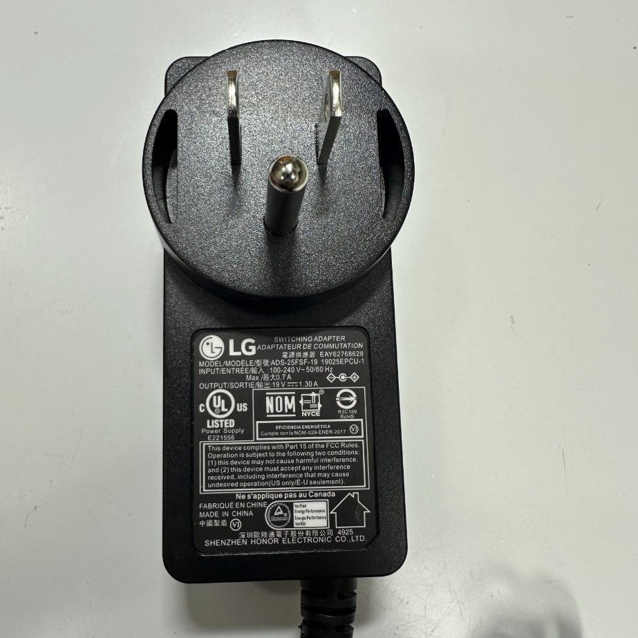 Adapter 19V 1.3A 24W LG ADS-25FSG-19 US Plug Connector Tip Size 6.5mm x 4.4mm For LG Monitor Power Supply LG Odyssey Monitor; LG LCD LED TV Monitor