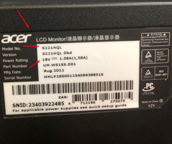 Adapter 19V 1.58A 36W HOIOTO ADS-40SG-19-3 19030G For Acer LCD Monitor S221HQL 21.5 inch Connector Size 5.5mm x 1.7mm
