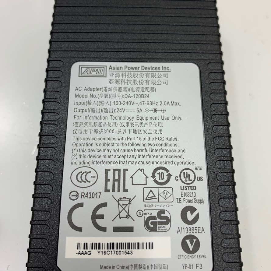 Adapter 24V 5A 120W APD OEM Thay Thế Tech STD-24050 24V 5A 120W IEC C14 Plug DC Power Connector Tip Size 5.5mm x 2.5mm For Máy In Thẻ Nhựa HID FARGO HDP5000 ID Card Printer & Encoder