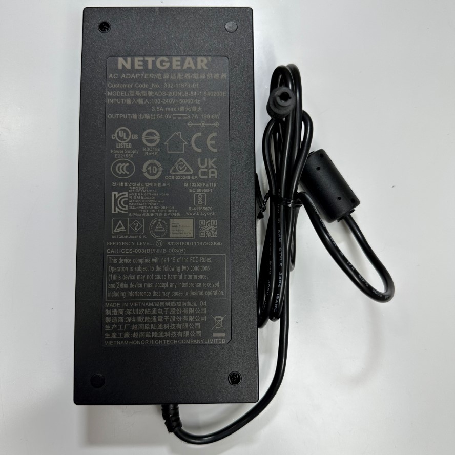Adapter 54V 3.7A 199.8W NETGEAR ADS-200NLB-54-1 IEC C14 Plug DC Power Connector Tip Size 6.5mm x 3.0mm For Cisco Meraki MX68 MX68W MX68CW MX75 MX68-HW MX68W-HW MX75-HW