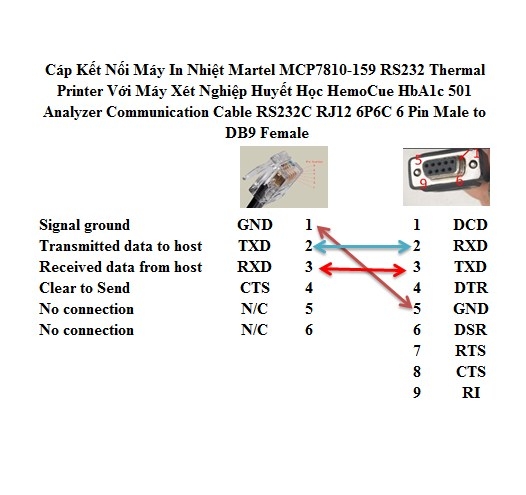 Cáp Kết Nối Máy In Nhiệt Martel MCP7810-159 RS232 Thermal Printer Với Máy Xét Nghiệp Huyết Học HemoCue HbA1c 501 Analyzer Communication Cable RS232C RJ12 6P6C 6 Pin Male to DB9 Female Black Length 1M