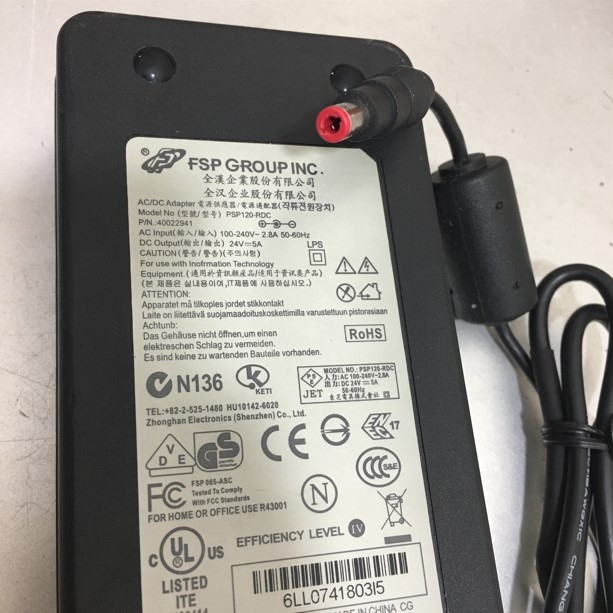 Adapter 24V 5A 120W Original FSP Group Inc PSP120-RDC 40022941 IEC C14 Connector Size 5.5mm x 2.5mm