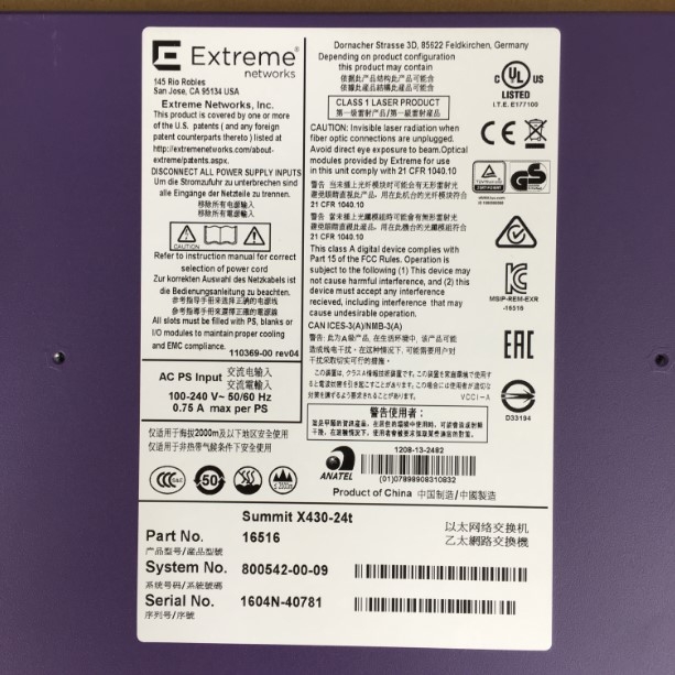 Switch Extreme Networks Summit X430-24T 24 Port 10/100/1000BASE-T + 4 Port 1000BASE-X SFP Unpopulated SFP 1 AC PSU Includes ExtremeXOS L2 Edge License