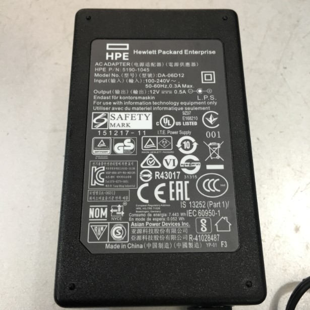 Adapter 12V 0.5A 6W HPE DA-06D12 5190-1045 Connector Size 5.5mm x 2.1mm