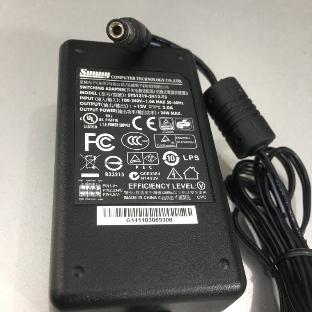Adapter 12V 2A 24W SUNNY IEC C14 Connector Size 5.5mm x 2.1mm For HuddleCamHD HC-JOY-G3 3rd Generation Serial PTZ Joystick Controller