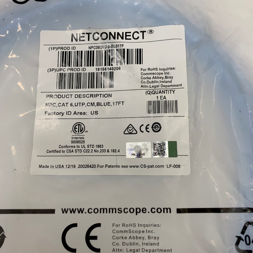 Dây Nhẩy Chuẩn Công Nghiệp Commscope NPC06UVDB-BL017F Dài 5M 17ft UTP CAT6 Gigabit PVC 24AWG Industrial Ethernet RJ45 Network Patch Cord Straight Through Cable Blue