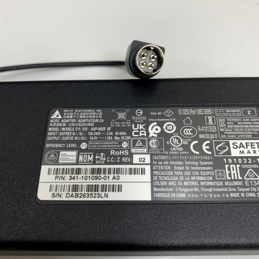 Adapter 54V 1.58A 85.32W Delta Connector Size 4 Pin Mini Din 10mm For Cisco SG300-10 10 Port Gigabit POE Managed Switch