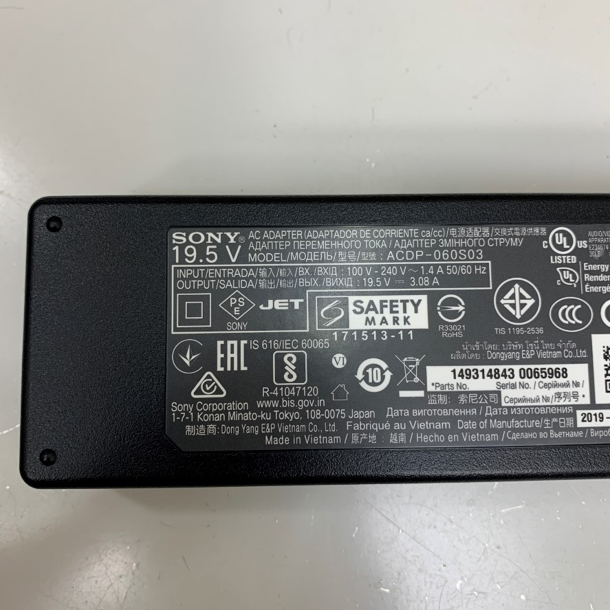 Adapter 19.5V 3.08A 60W Sony ACDP-060S03 Connector Tip Size 6.5mm x 4.4mm For LCD TV DV Bravia Power Supply