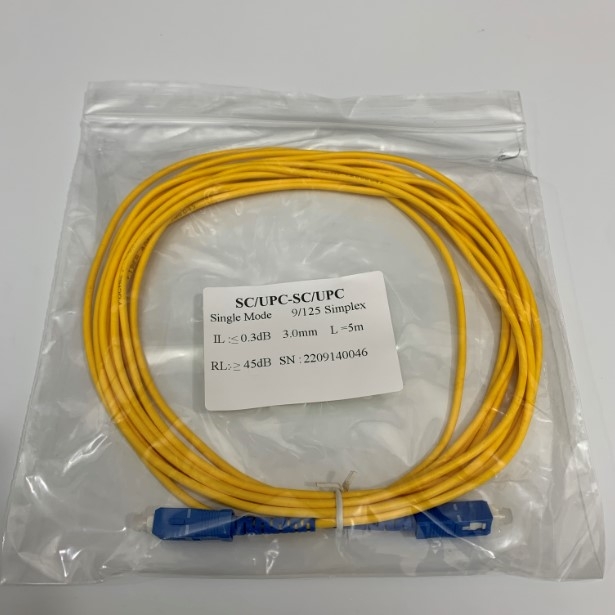 Dây Nhẩy Quang 5M SC to SC UPC Single Mode Fiber Optic OS2 9/125µm Fiber Patch Cable Yellow Cable 3.0mm PVC