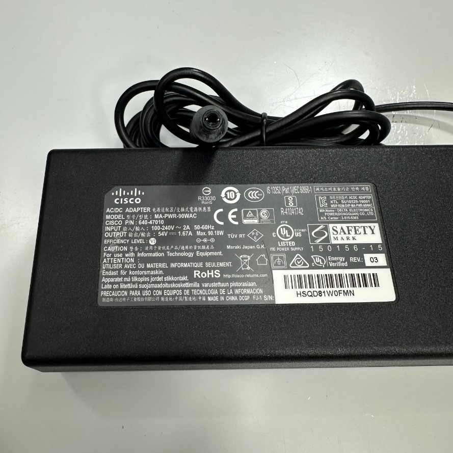 Adapter 54V 1.67A 90.18W Cisco MA-PWR-90WAC IEC C14 Plug DC Power Connector Tip Size 5.5mm x 2.5mm