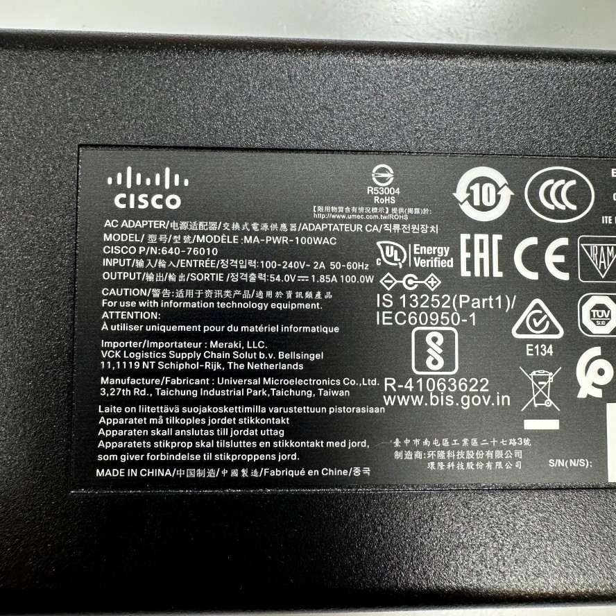 Adapter 54V 1.85A 100W Cisco MA-PWR-100WAC 640-76010 IEC C14 Plug DC Power Connector Tip Size 6.5mm x 3.0mm For Cisco Meraki MX68 MX68W MX68CW MX75 MX68-HW MX68W-HW MX75-HW