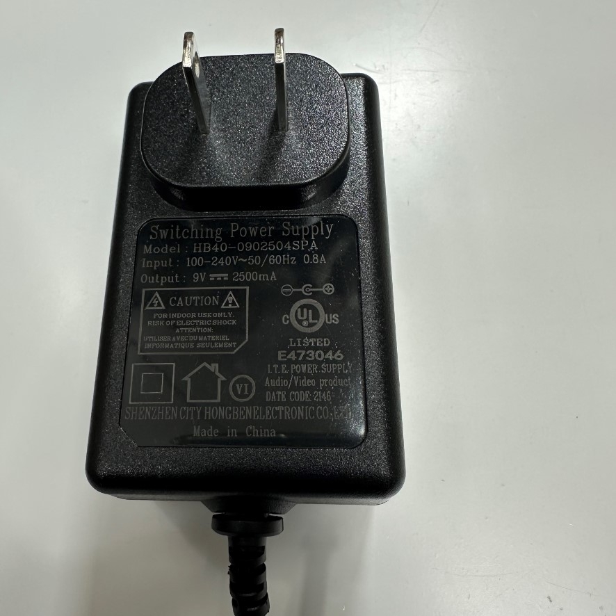 Adapter 9V 2.5A 22.5W Shenzhen HB40-0902504SPA US Plug Connector Tip Size 5.5mm x 2.5mm