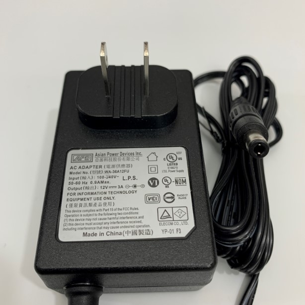 Adapter 12V 3A APD WA-36A12FU Asian Power Devices Connector Size 5.5mm x 2.5mm