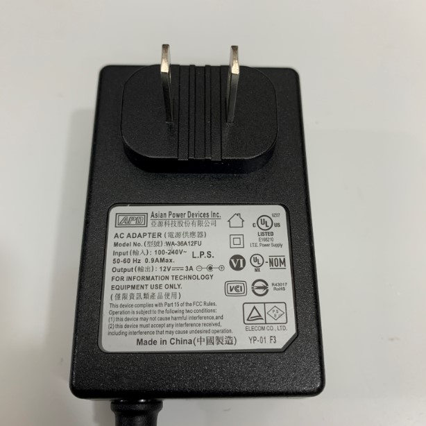 Adapter 12V 3A APD WA-36A12FU Asian Power Devices Connector Size 5.5mm x 2.5mm