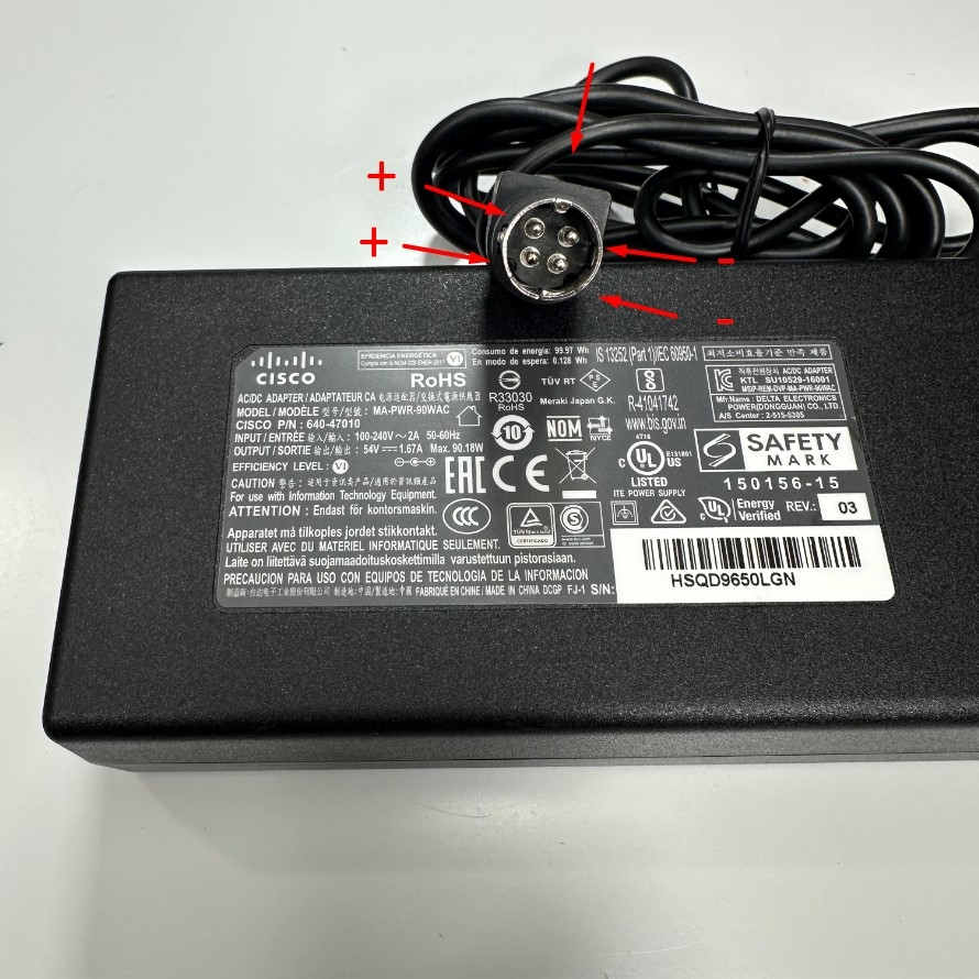 Adapter 54V 1.67A 90.18W Cisco IEC C14 Plug Connector Tip Size 4 Pin Mini Din 10mm For Cisco SG300-10 10 Port Gigabit POE Managed Switch
