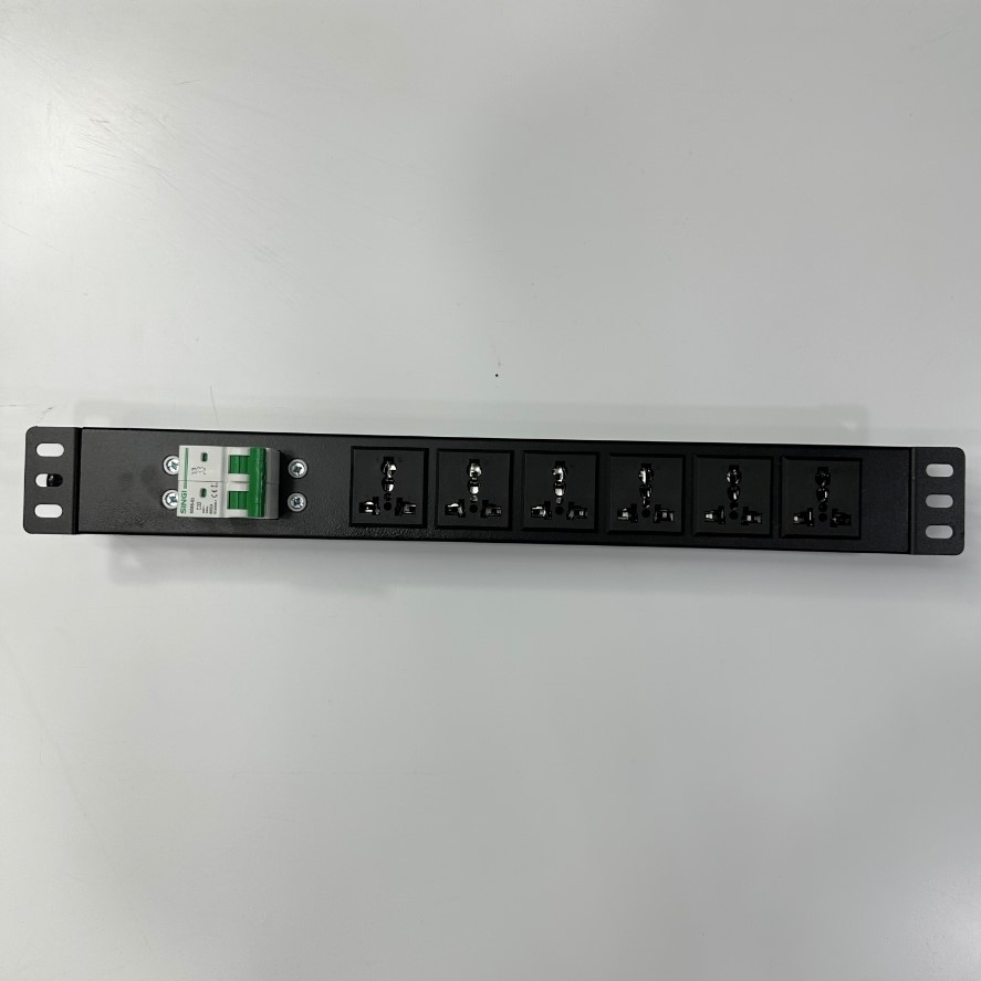 Thanh Nguồn 6 Way UK Universal Outlet PDU Rack Có MCB Công Suất Max 20A to C14 Plug Power Cord 3x2.08mm² Length 1.8M For UPS APC Eaton Output IEC C13 Connector