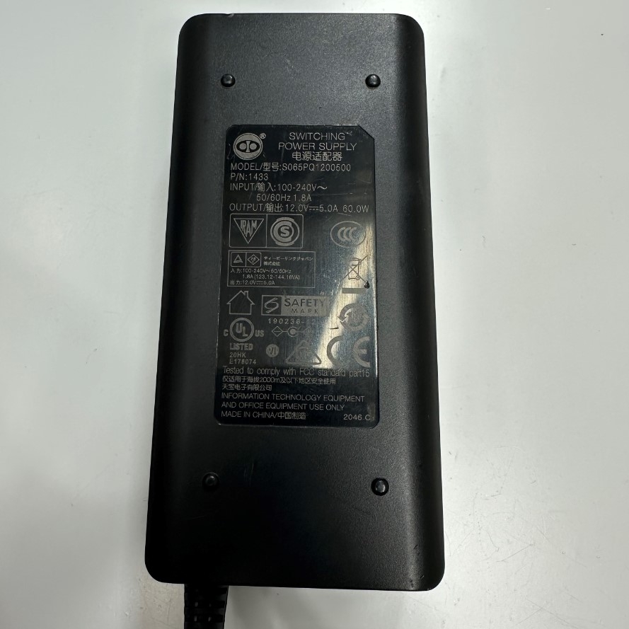 Adapter 12V 5A 60W TENPAO S065PQ1200500 Connector Tip Size 5.5mm x 2.1mm 90 Degree Right Angle For HPE Aruba Wireless, HP Dell Monitor Power Supply, CCTV Security Camera DVR