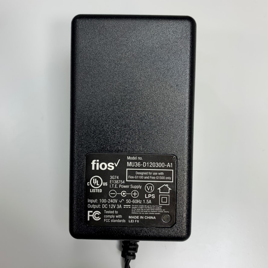 Adapter 12V 3A 36W FiOS MU36-D120300-A1 US Plug Connector Tip Size 5.5mm x 2.5mm