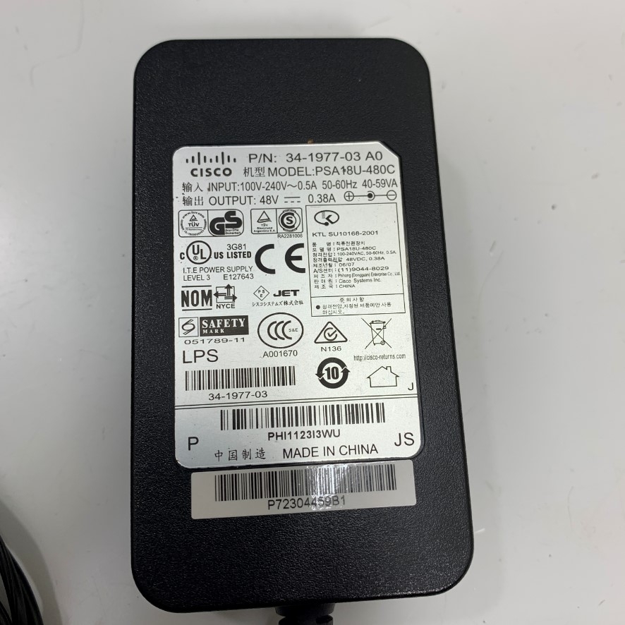 Adapter 48V 0.38A Cisco 34-1977-03 Connector Size 5.5mm x 2.5mm For Cisco VoIP Phone Cisco CAP2702I AIR-CAP2702I AIR-CAP2702I-A-K9 AP 2702i 2700 Series Wireless Access Point