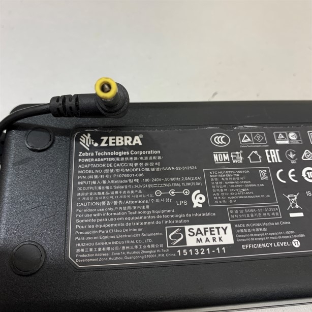 Adapter 24V 3.125A 75W ZEBRA SAWA-52-312524 P1076001-006 IEC C14 Connector Size 5.5mm x 2.5mm