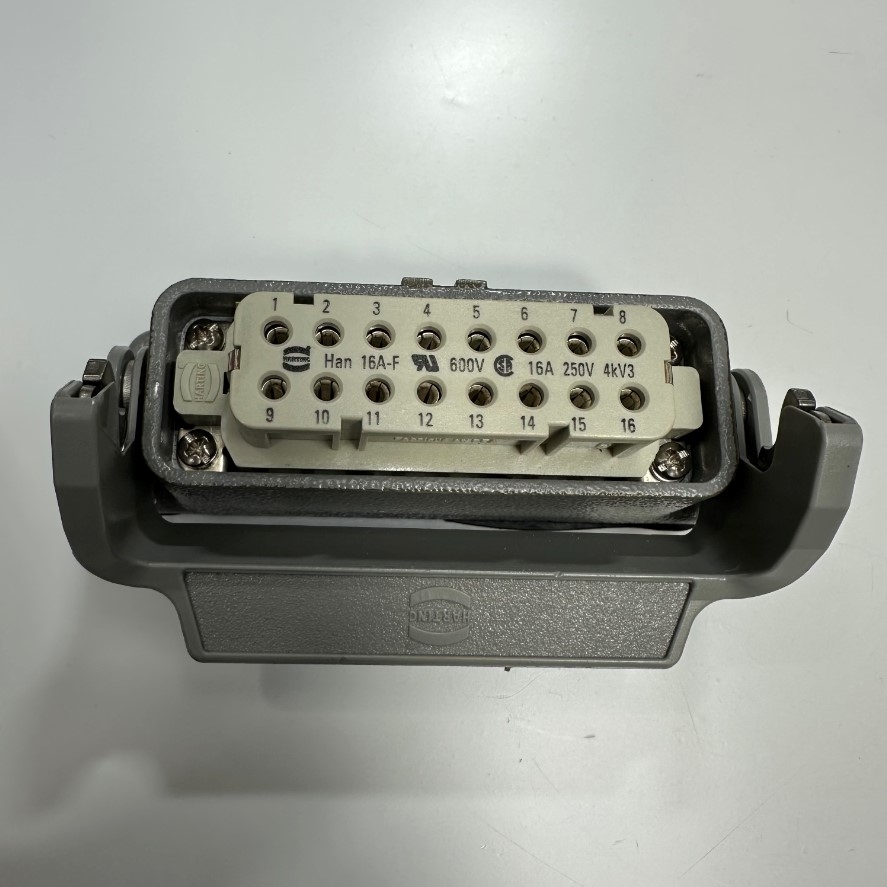 Đầu Nối Điện Công Nghiệp Jack HARTING Han 16A-F Connector HDC 16 Pin Female + PE 16A 250V 4KV3 + Panel 09200160301 HARTING