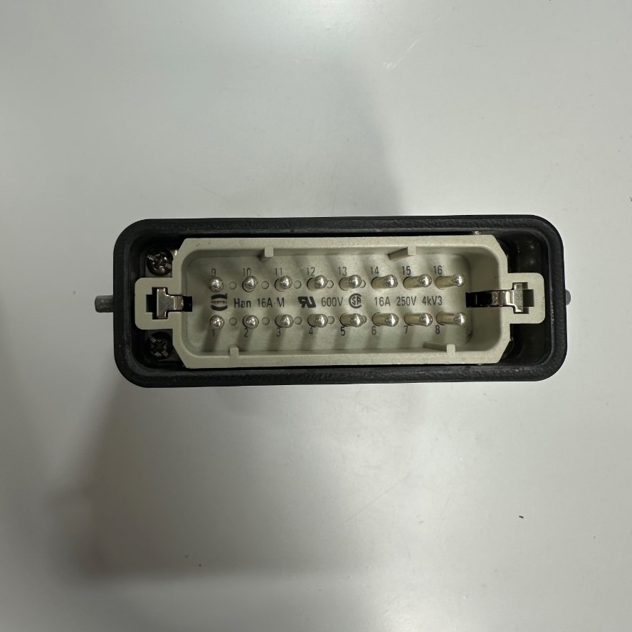 Đầu Nối Điện Công Nghiệp Jack HARTING Han 16A-M Connector HDC 16 Pin Male + PE 16A 250V 4KV3 + Panel 09200160540 HARTING