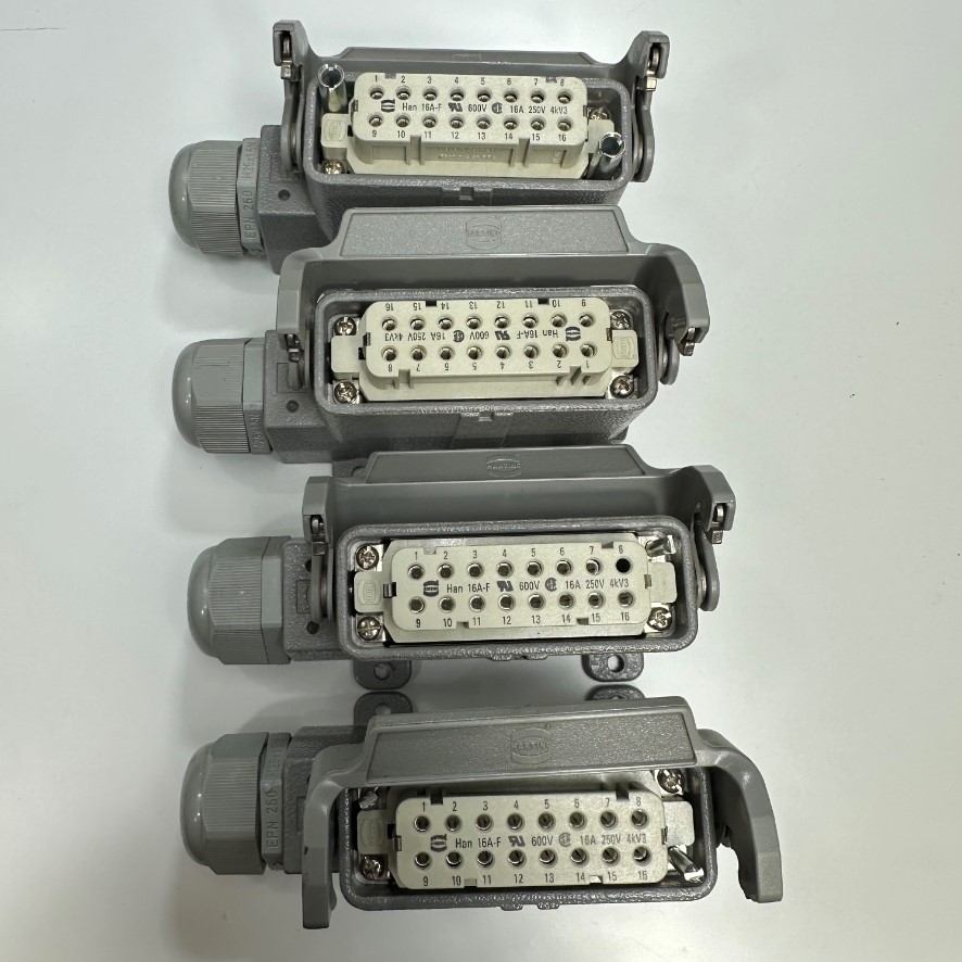 Đầu Nối Điện Công Nghiệp Jack HARTING Han 16A-F Connector HDC 16 Pin Female + PE 16A 250V 4KV3 + Panel 19200160251 HARTING Metric Thread M25