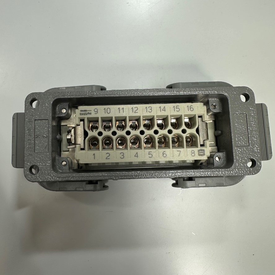 Đầu Nối Điện Công Nghiệp Jack HARTING Han 16 E-F Connector HDC 16 Pin Female + PE 16A 500V 6KV3 + Panel 09300160301 HARTING