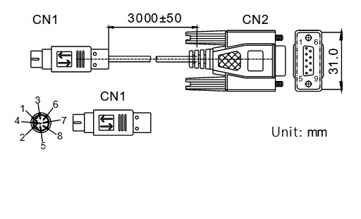 Cáp Lập Trình Delta RS232 Communication DVPACAB2A30 Cable Mini Din 8 Pin to DB9 Female Dài 3M Có Chống Nhiễu Shielded For PLC Delta DVP Series Với PC/HMI