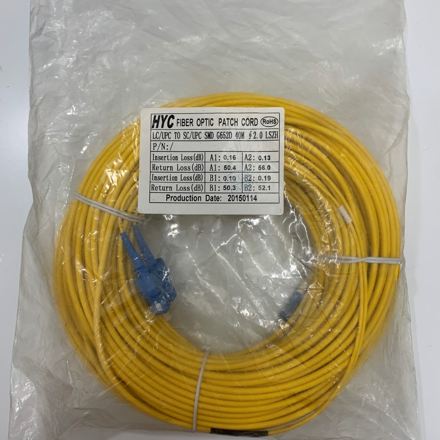 Dây Nhẩy Quang 1Gb HYC LC/UPC-SC/UPC Singlemode Duplex 2.0mm Fiber Optic Patch Cord Cable PVC Yellow SMD LSZH 9/125μm Length 40M