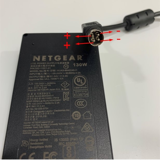 Adapter 54V 2.4A 130W NETGEAR Connector Size 4 Pin Mini Din 10mm For Cisco - SG350-10MP-K9; Cisco - SG250-10P-K9
