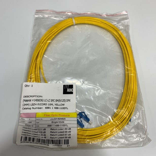 Dây Nhẩy Quang ADC 6881 1 488-1100YL Fiber Optic Cable Single Mode LC to LC OS2 9/125 Duplex Yellow 10 Meter Cable 2.0mm PVC