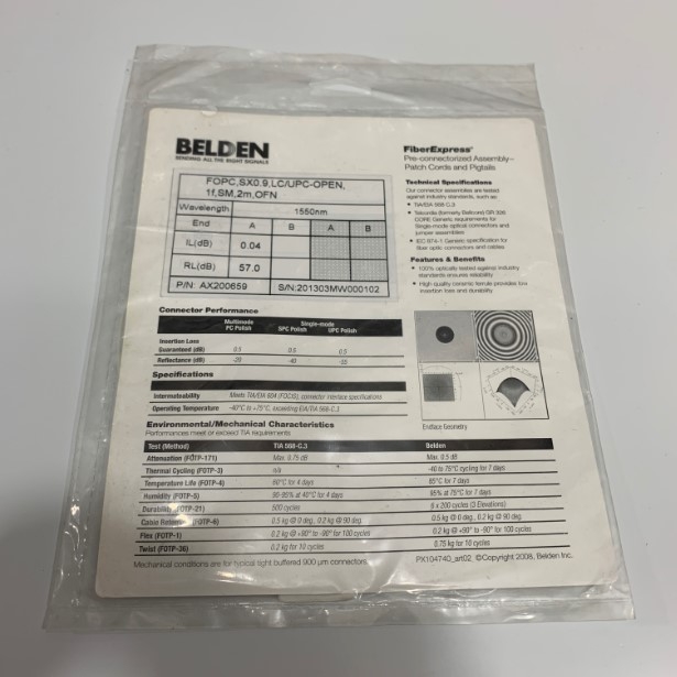 BELDEN AX200659 Fiber Ribbon Fibers Pigtail LC SM OS2 Single Mode OD 0.9mm White SM LC/UPC 2 Meter