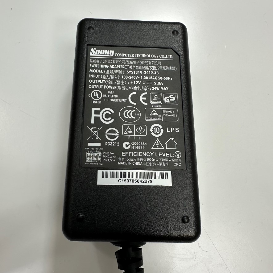 Adapter 12V 2A 24W Sunny OEM Thay Thế BYX3-1202000 12V 2A IEC C14 Plug + C - Connector Tip Size 5.5mm x 2.5mm For Datalogic Barcode Scanner 12V AC-DC Power Supply