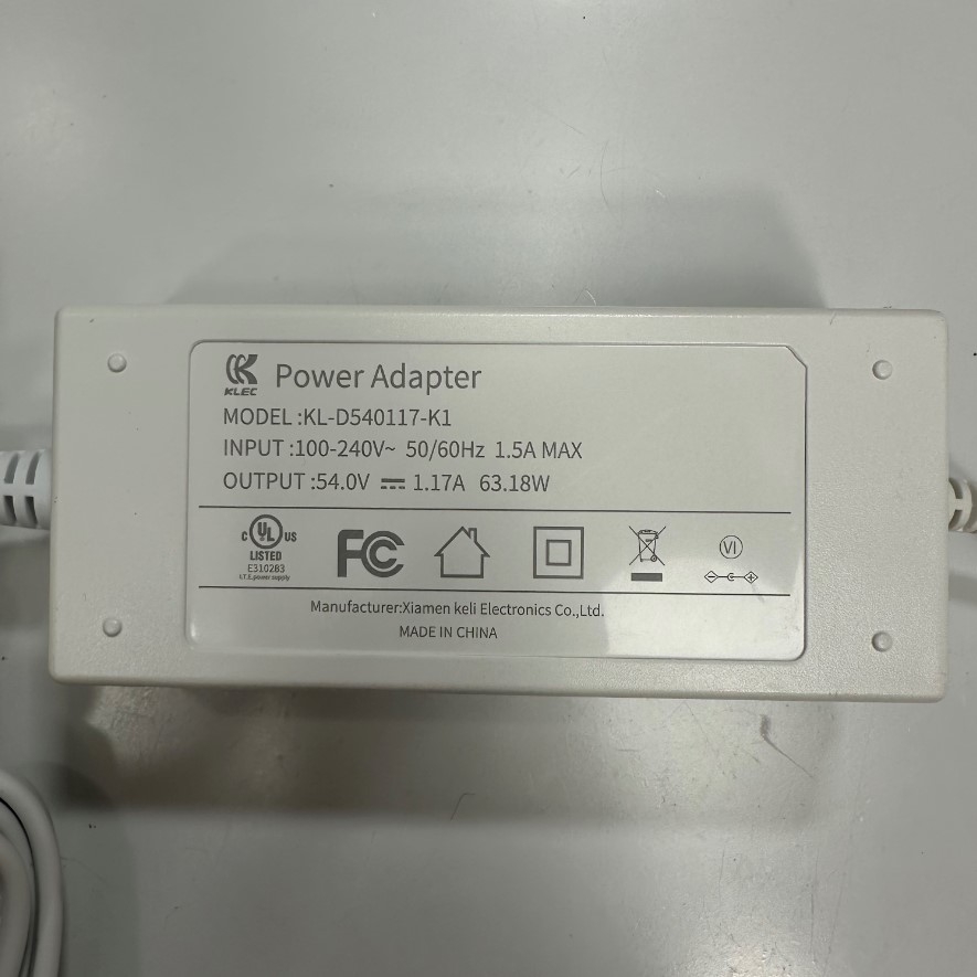 Adapter 54V 1.17A 63W Xiamen Keli KL-D540117-K1 Connector Tip Size 6.5mm x 3.0mm