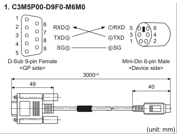 Cáp Lập Trình Programming Cable C3M5P00-D9F0-M6M0 Kết Nối Autonics HMI GP/LP Series LS Với PLC LG Master-K10S1 K14P1-DRS RS232 Communication 6 Pin Mini DIN Male to DB9 Female Black Length 3M