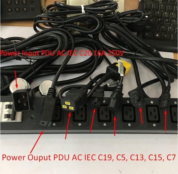 Thanh Phân Phối Nguồn Điện Máy Chủ PDU 1U Rack Moun 19 6 Way IEC C19 Socket BHW-T4 1P C32 MITSUBISHI to C20 Power Plug With Cord 16A 250V 3x1.5mm Cable Length 3M