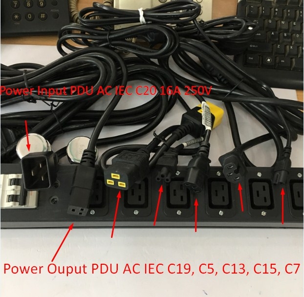 Thanh Phân Phối Nguồn Điện Máy Chủ PDU 1U Rack Moun 19 6 Way IEC C19 Socket BHW-T4 1P C32 MITSUBISHI to C20 Power Plug With Cord 16A 250V 3x2.5mm Cable Length 2.5M
