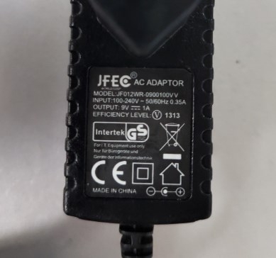 Adapter 9V 1A JFEC JF012WR-0900100VV Connector Size 5.5mm x 2.1mm